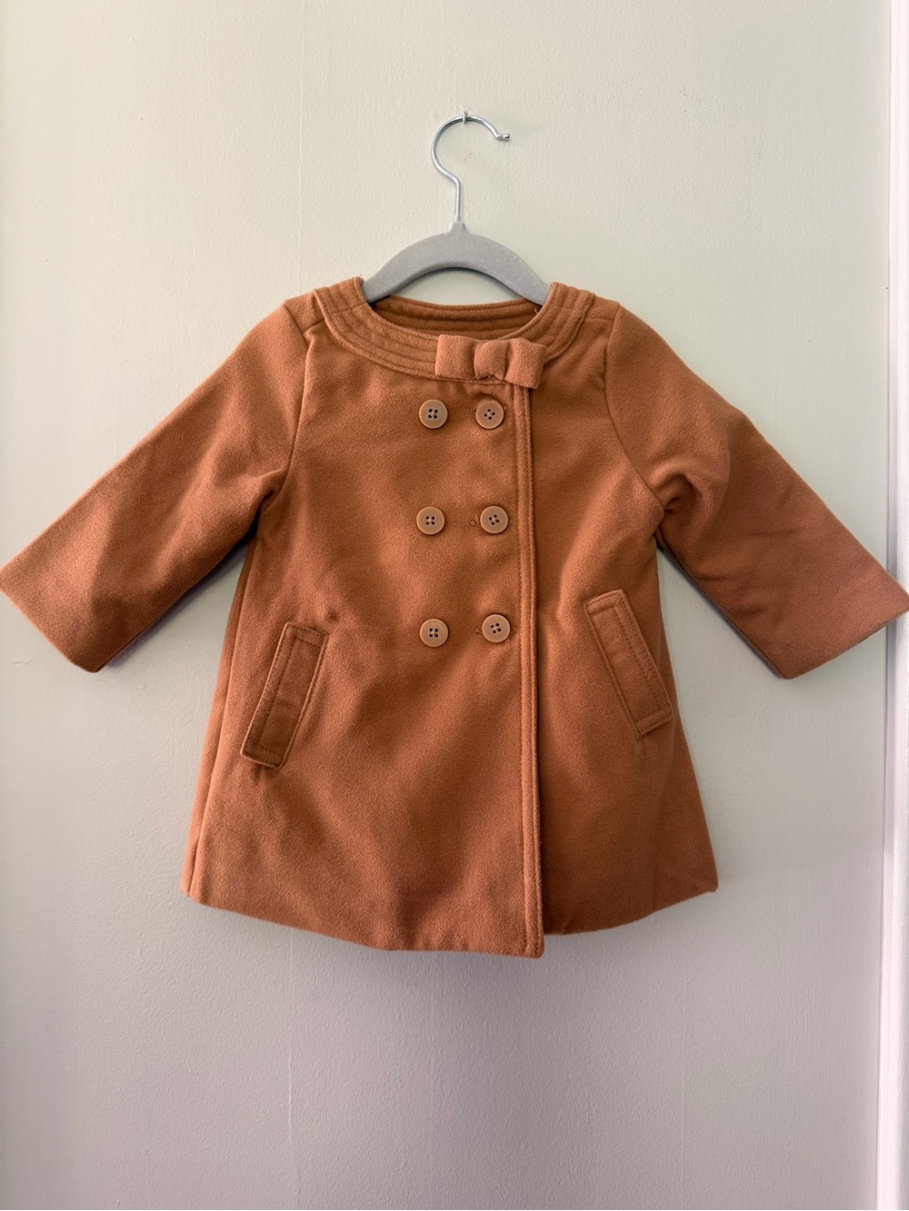 Girls' Double-Breasted Rust Pea Coat with Bow Detail